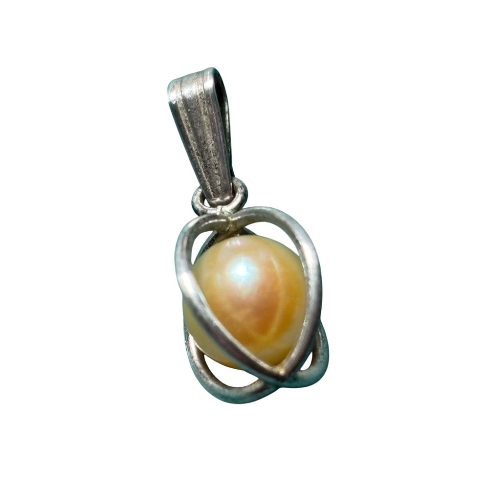 Vintage Sterling Silver Golden Pearl‎ Cage Orbit Pendant Minimalist 925 Charm